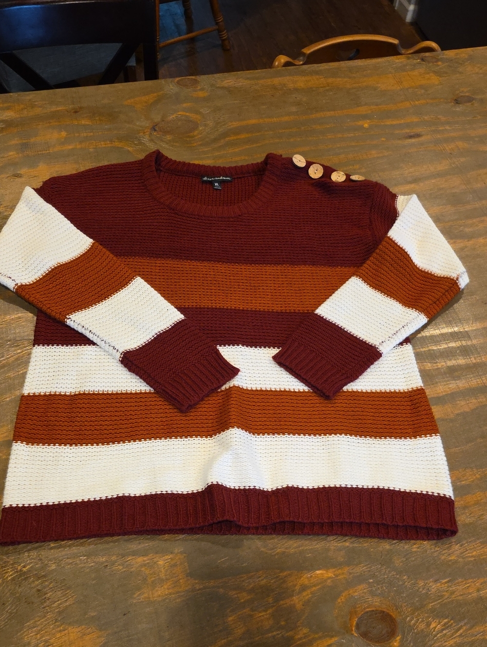 Button-Shoulder Striped Crewneck Sweater in Burgundy, Rust & Cream